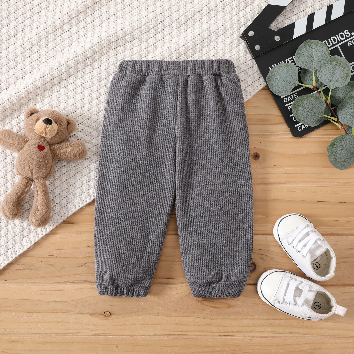 Baby Girl/Boy Plaid Bear Embroidered Waffle Pants  Grey image 3