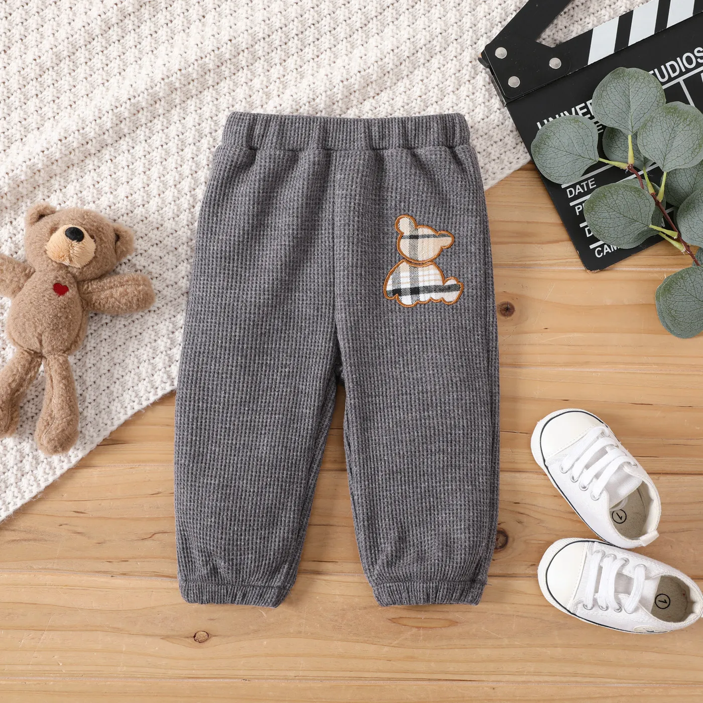 Baby Girl/Boy Plaid Bear Embroidered Waffle Pants  Grey big image 1