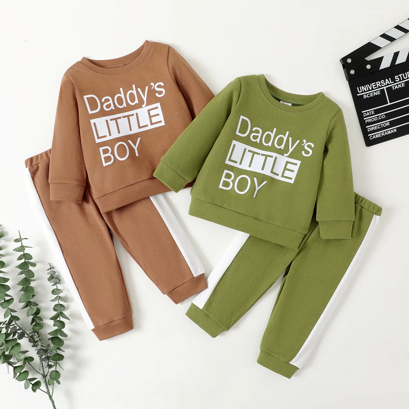 2pcs Baby Boy Letters Graphic Long-sleeve Top and Pants Set Army green image 2
