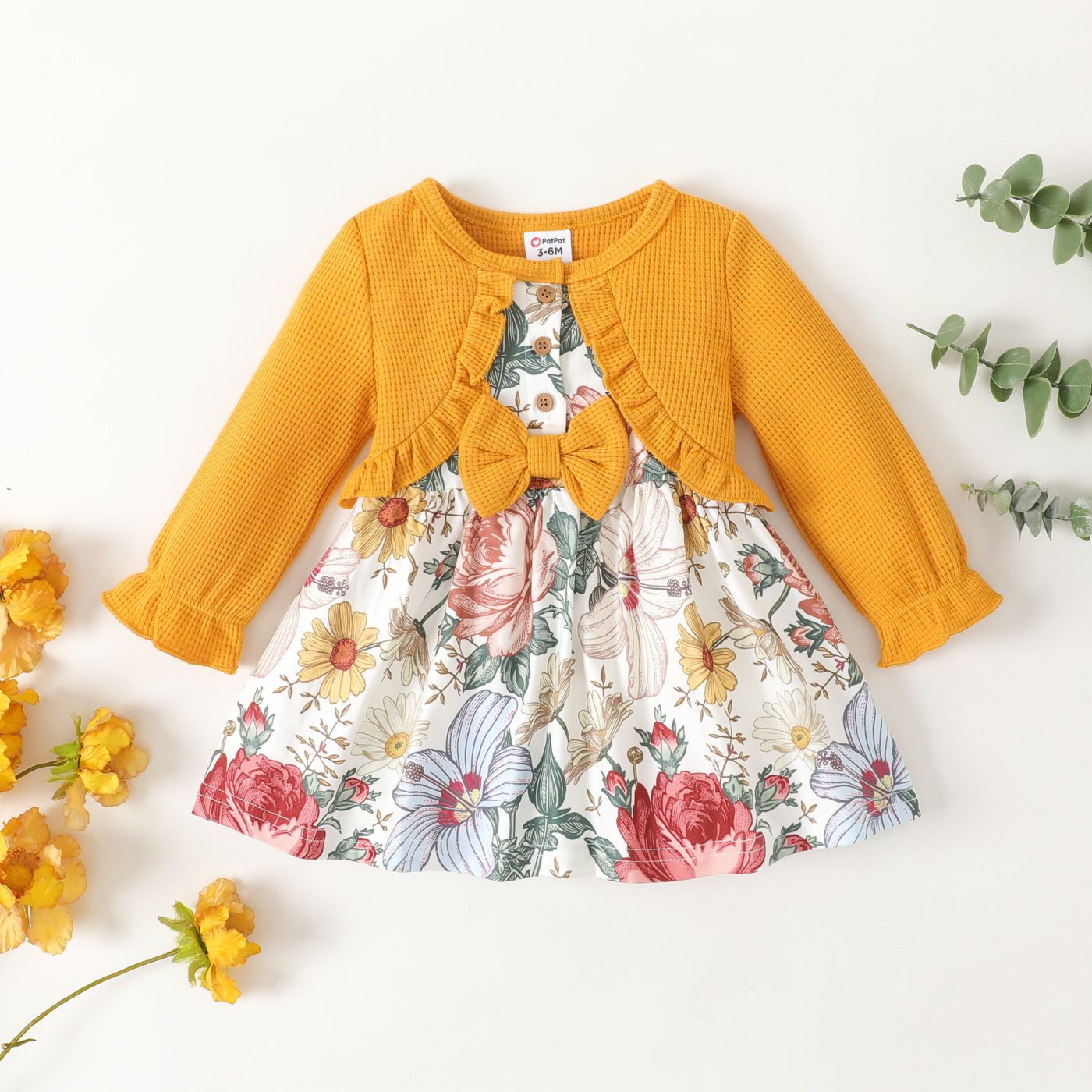 

Baby Girl Waffle Ruffle Bow Decor Floral Print Long-sleeve Dress