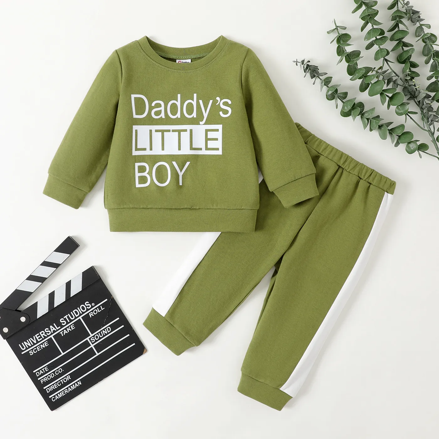 2pcs Baby Boy Letters Graphic Long-sleeve Top and Pants Set Army green big image 1