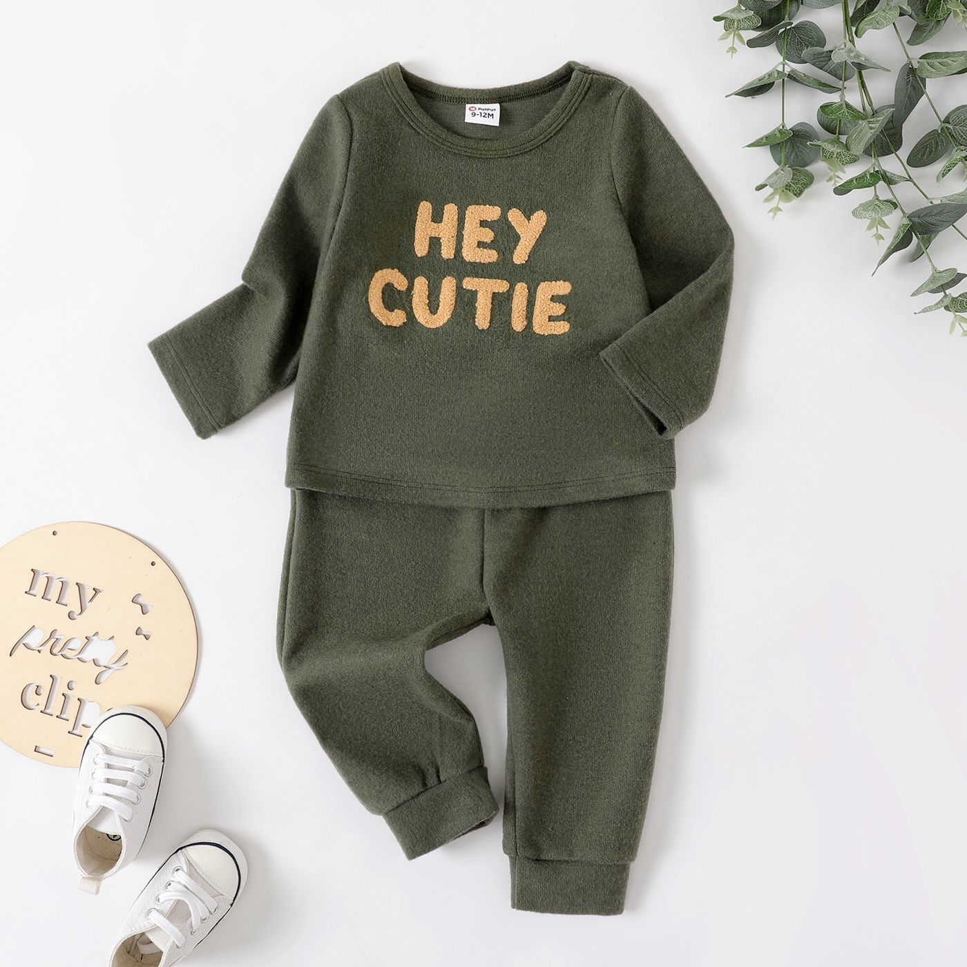 2pcs Baby Girl/Boy Letter Embroidered Pullover Sweatshirt And Pants Set