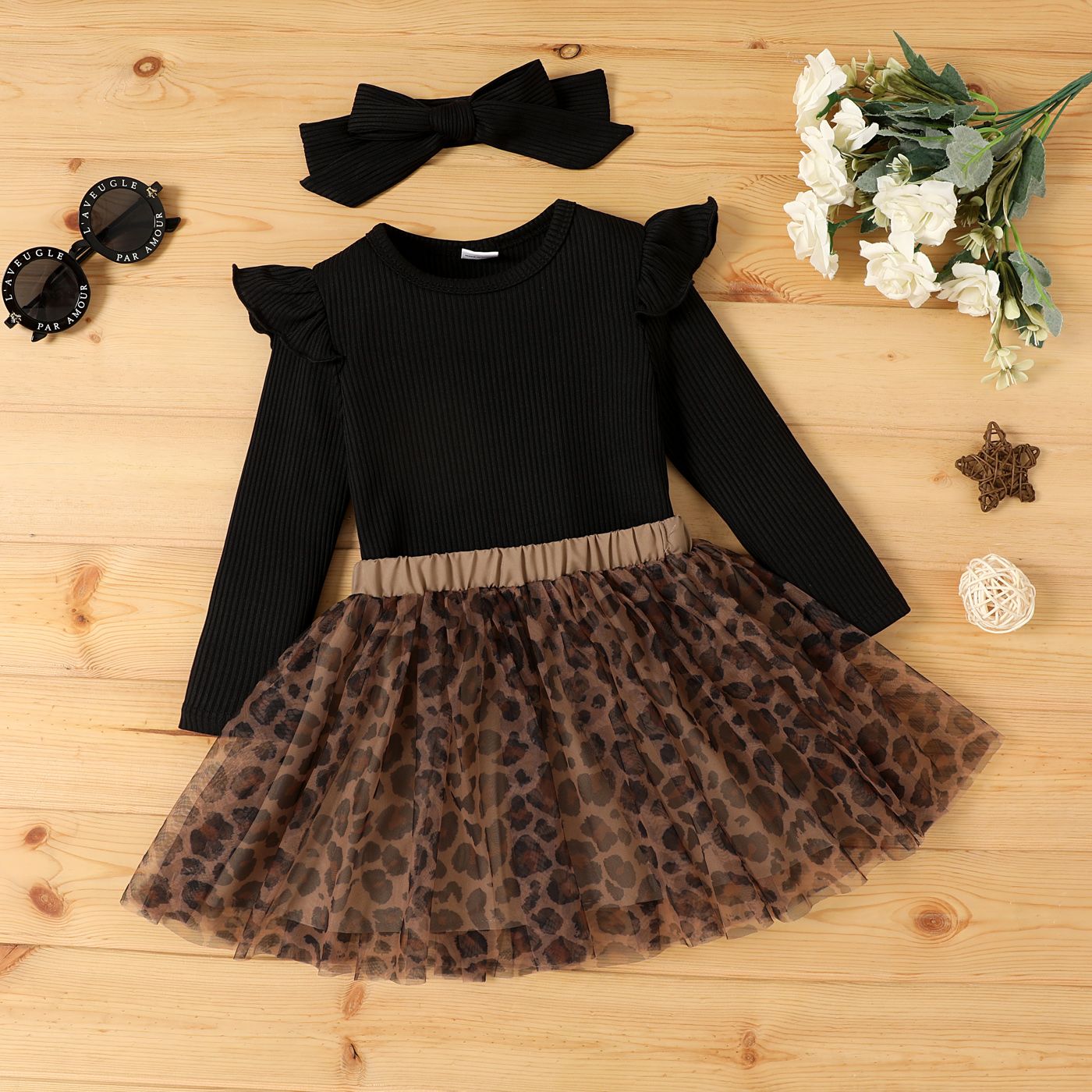 

3pcs Toddler Girl Ribbed Solid Ruffle Long-sleeve Top and Leopard Print Mesh Skirt & Headband Set