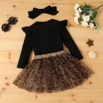 3pcs Toddler Girl Ribbed Solid Ruffle Long-sleeve Top and Leopard Print Mesh Skirt & Headband Set  image 2