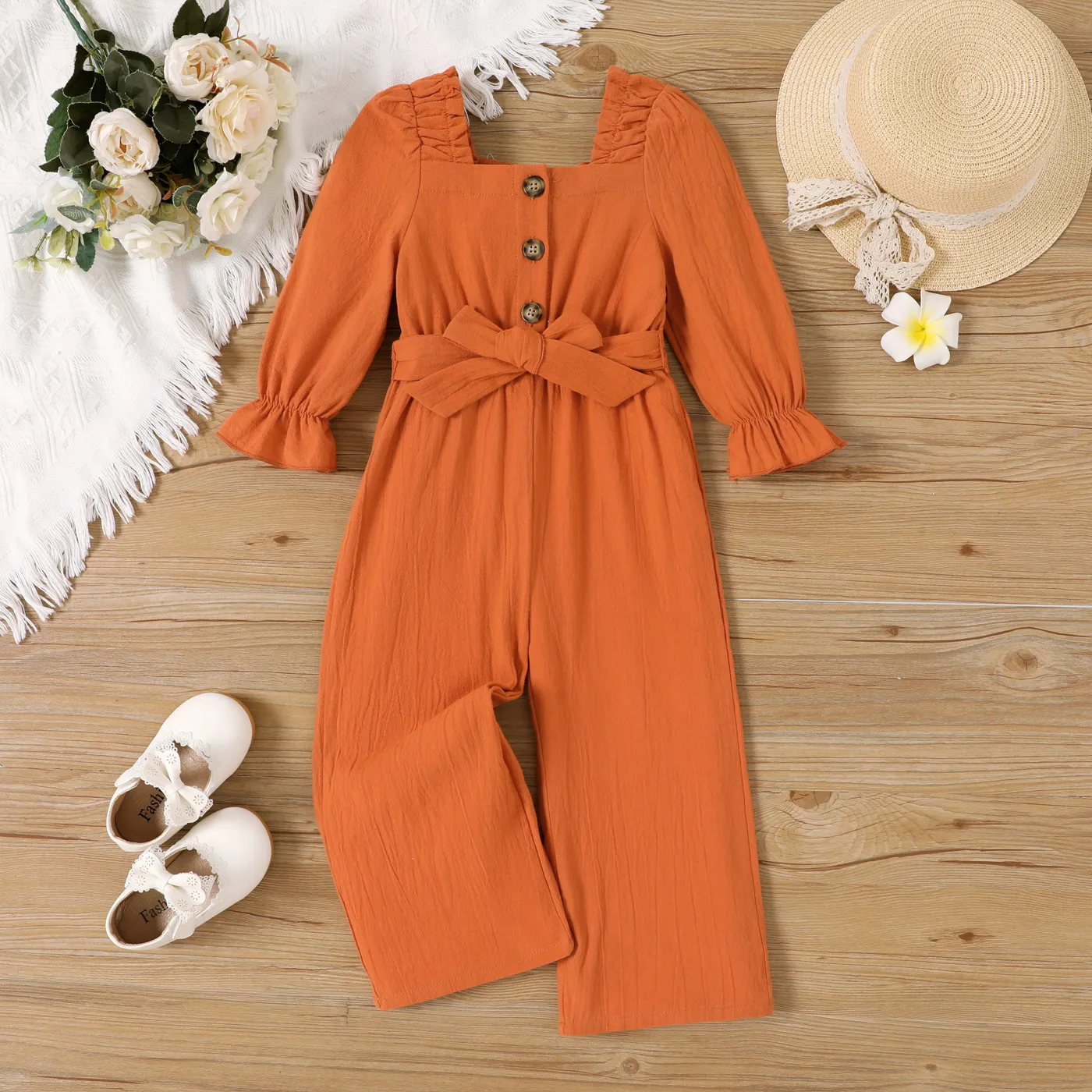 100% Coton Toddler Girl Button Half Placket Belted Long-sleeve Jumpsuit