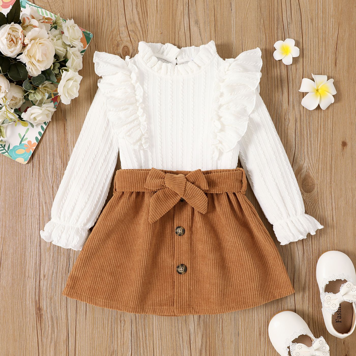 2pcs Toddler Girl Ruffle Texture Solid Long-sleeve Top And Belted Buttons Skirt Set