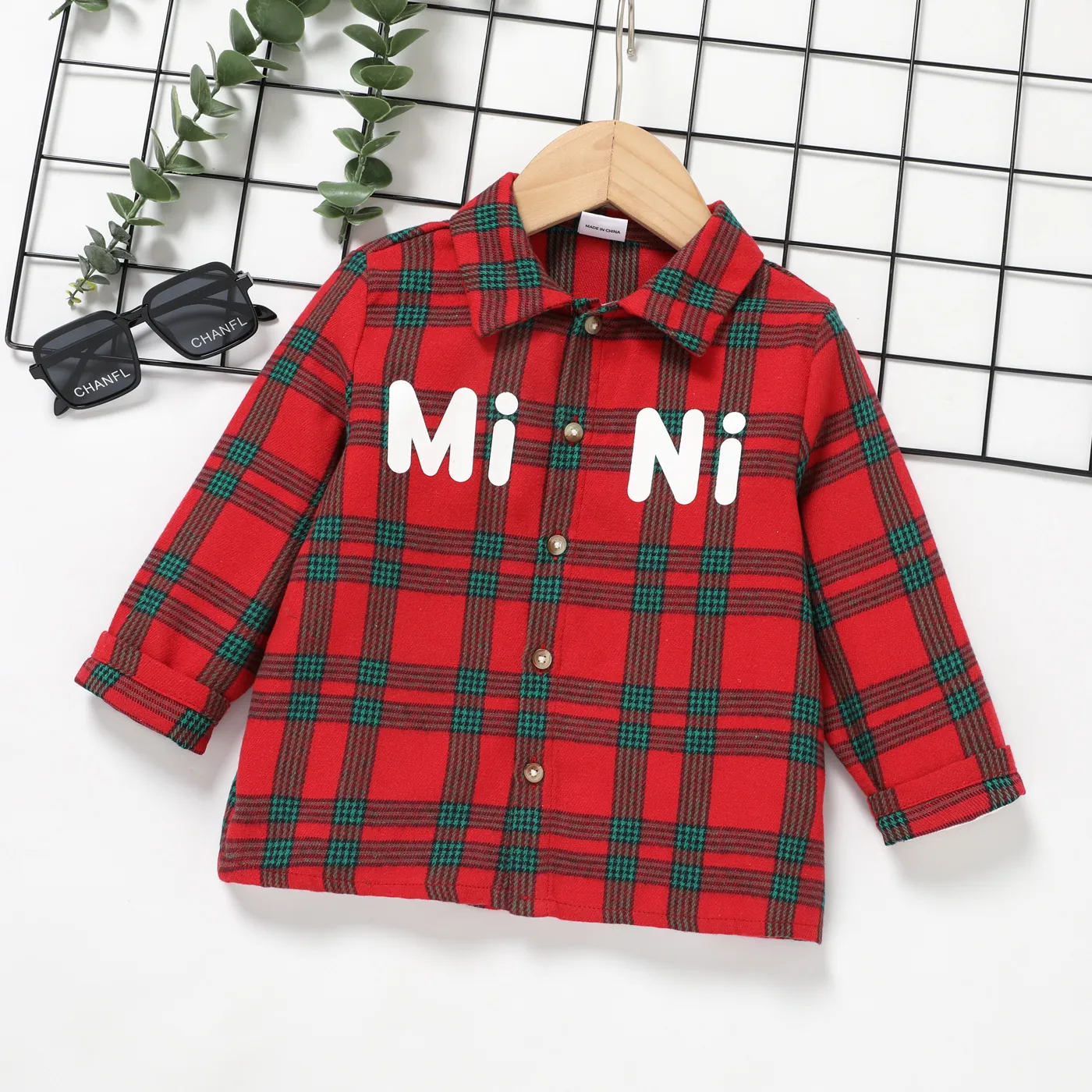 Toddler Boy Lapel Grid Letter Print Shirt  big image 1