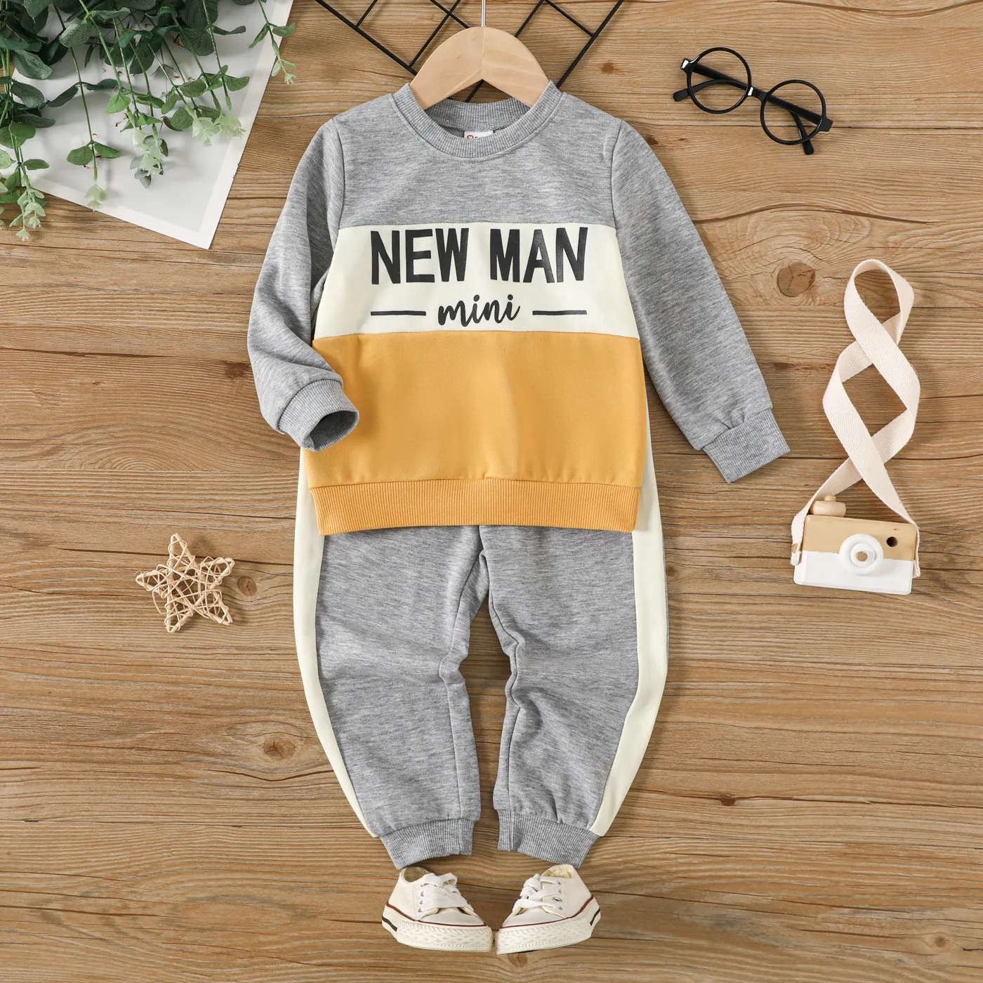 2pcs Toddler Boy Avant-garde Letter Pattern Set Flecked Grey