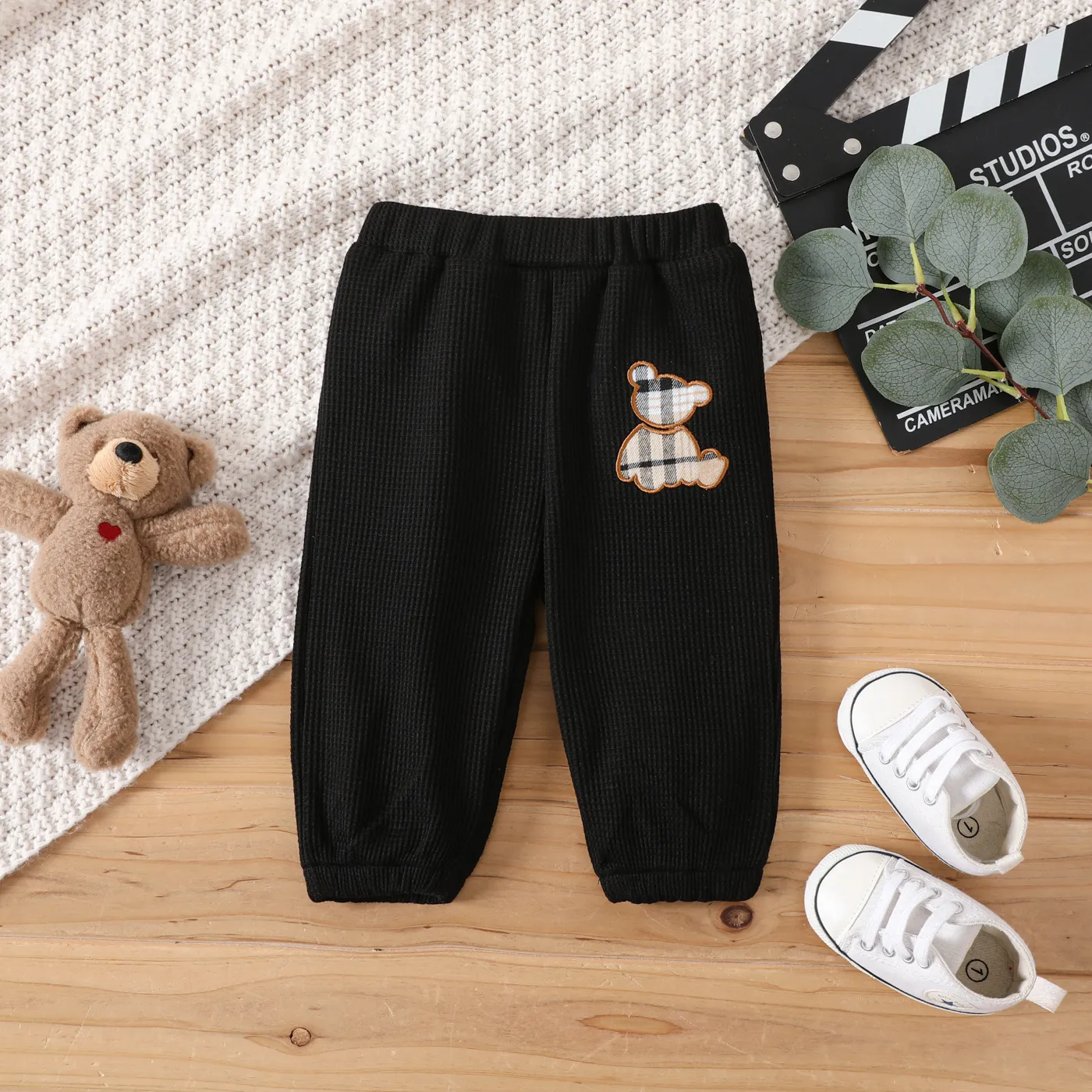Baby Girl/Boy Plaid Bear Embroidered Waffle Pants  Black