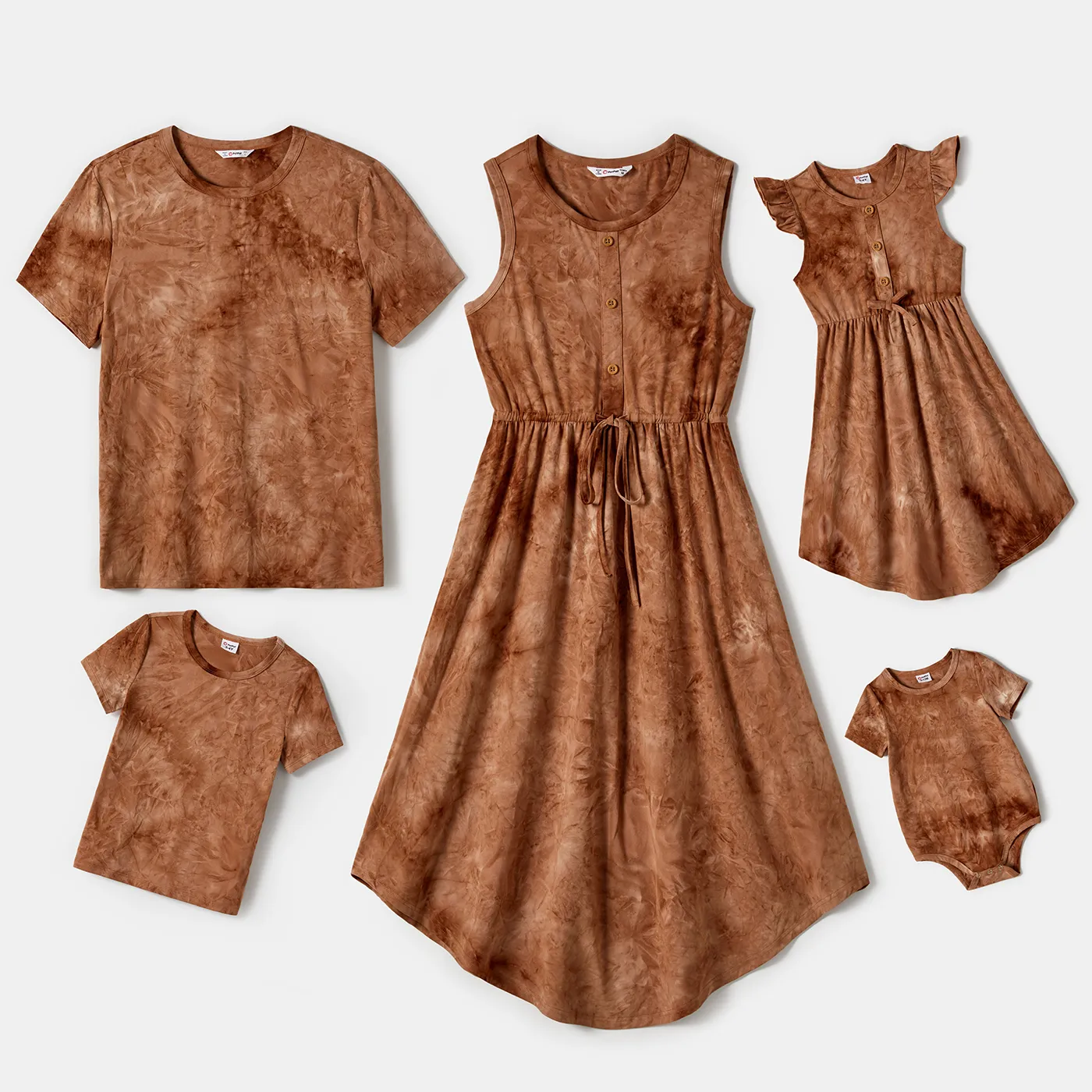 Family Matching Brown Tie Dye Ruched Bodycon Tank Dresses and Short-sleeve T-shirts Sets