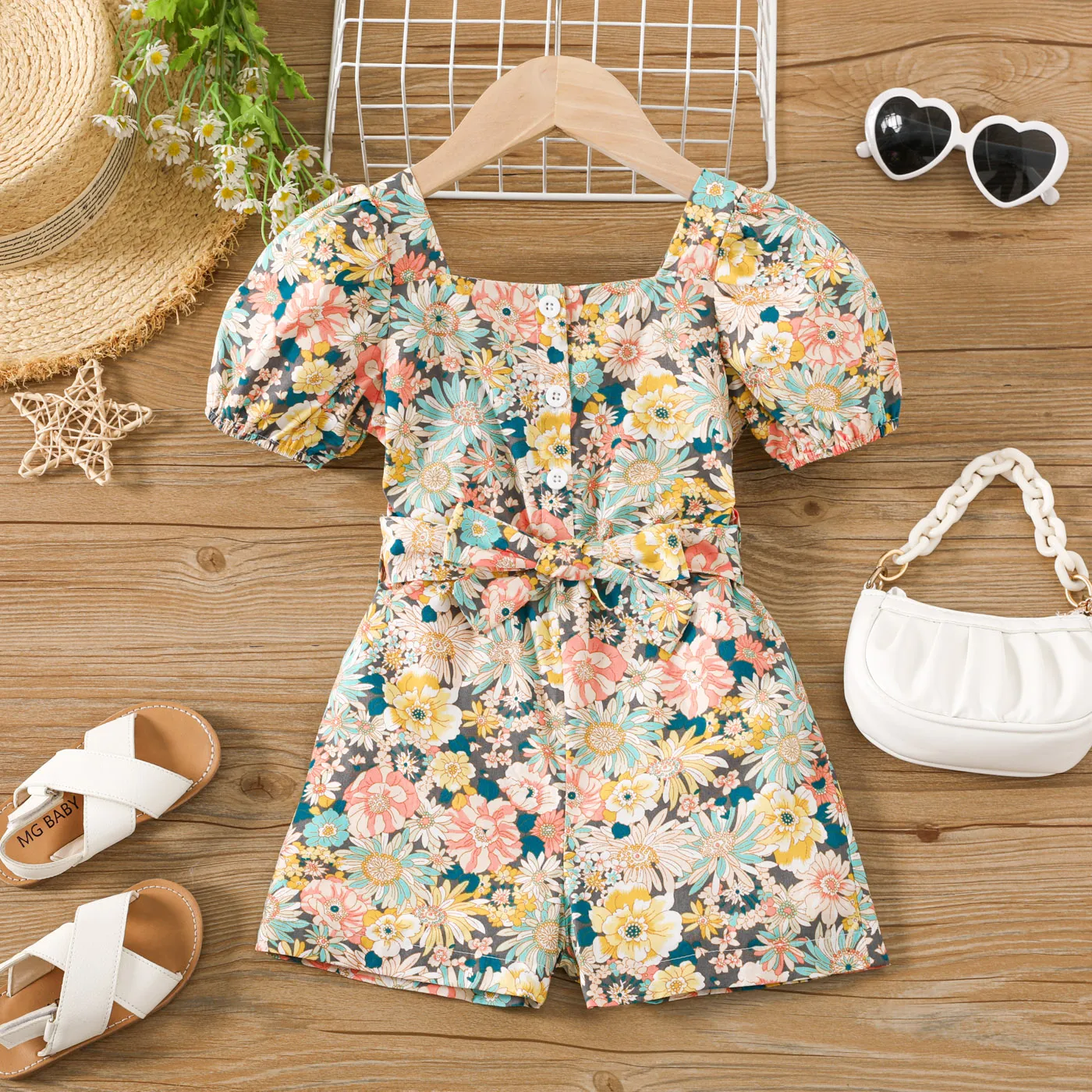 Toddler Girl Allover Floral Print Square Neck Button Half Placket Romper Shorts   