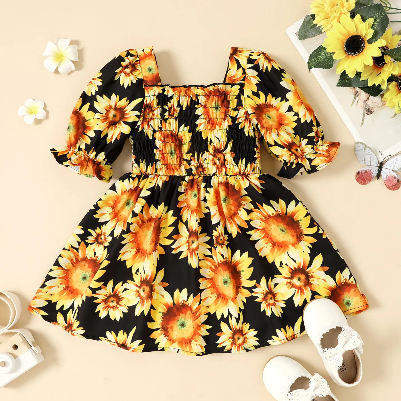 Criança Menina Ponto smock Bonito Girassol Vestidos Preto image 2