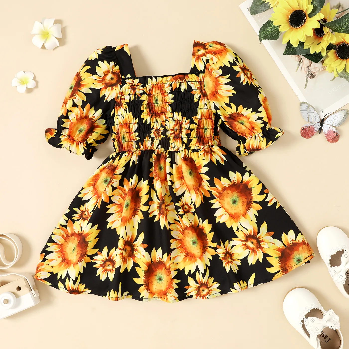 Criança Menina Ponto smock Bonito Girassol Vestidos Preto big image 1