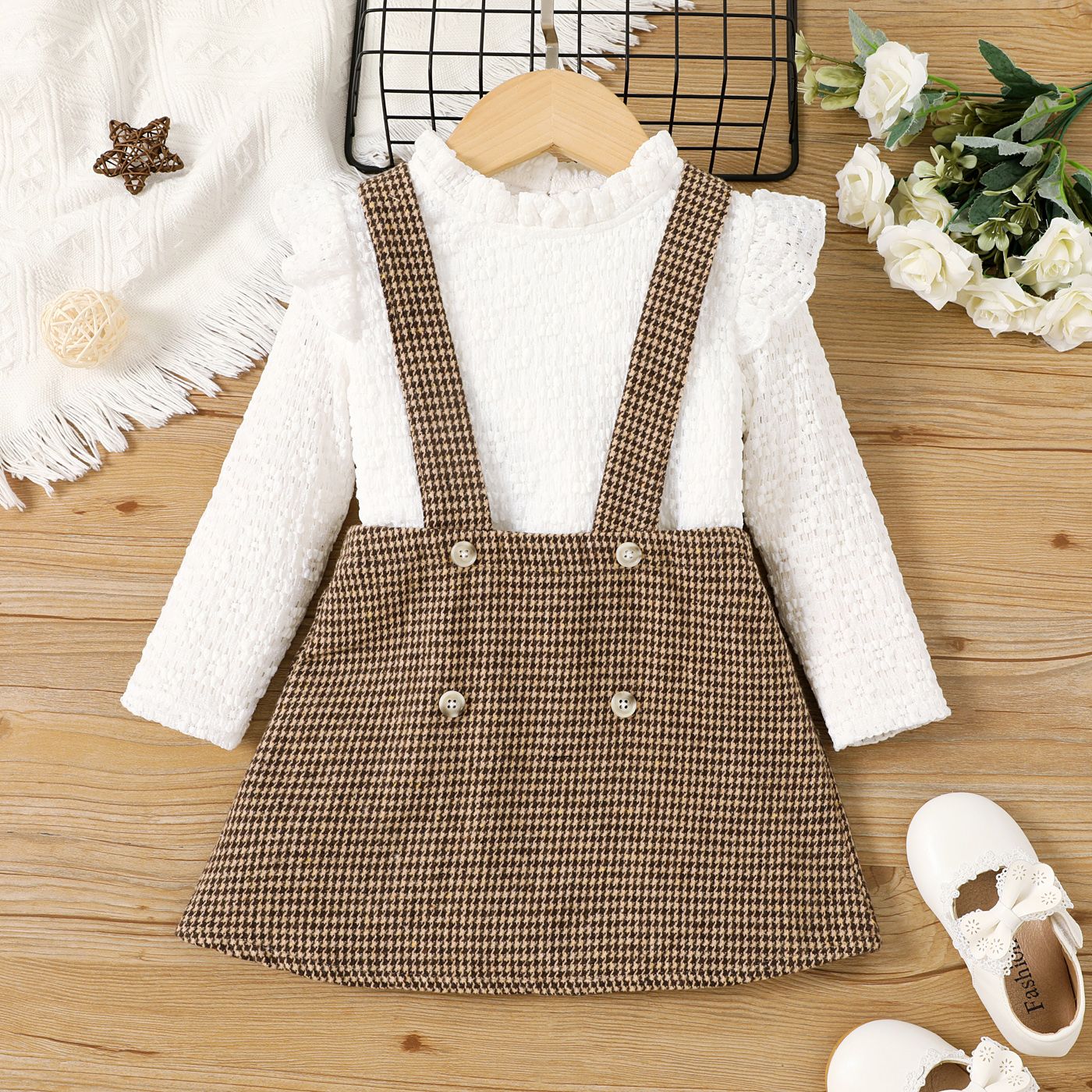 2pcs Toddler Girl Grid Button Details Long Sleeve Suit-Dress