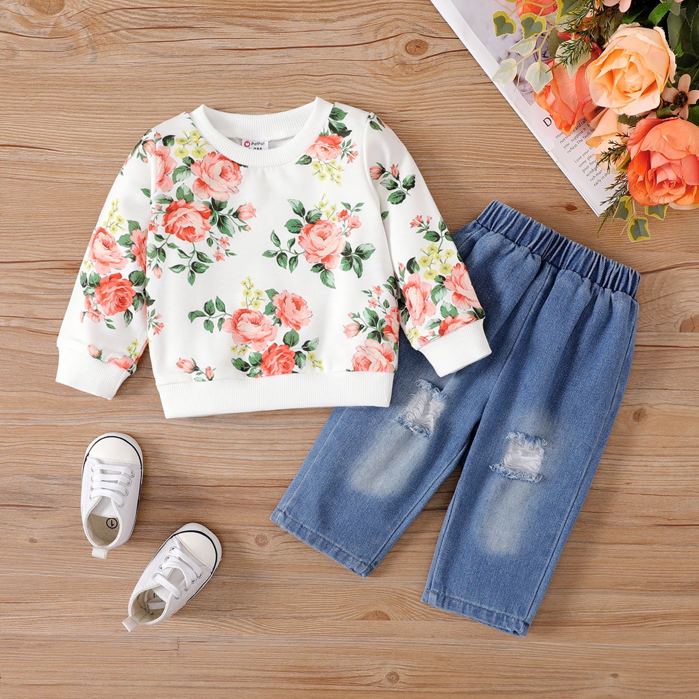 2pcs Baby Girl Allover Floral Print Sweatshirt Et Ensemble De Jeans Déchirés 100% Coton