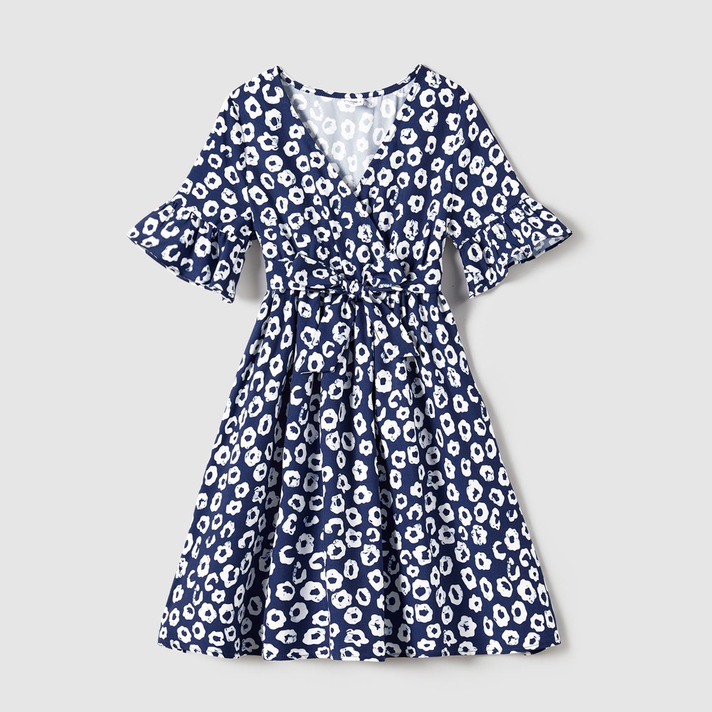 Family Matching Allover Print Short-sleeve Belted Dresses And Cotton Color Block T-shirts Sets