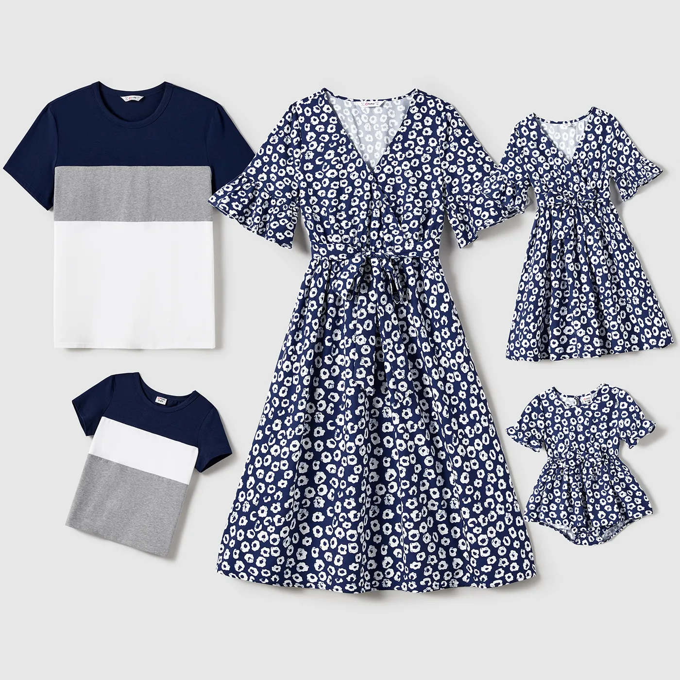 Family Matching Allover Print Short-sleeve Belted Dresses And Cotton Color Block T-shirts Sets