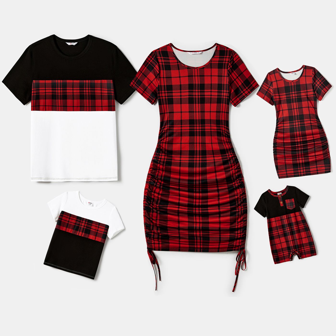 

Christmas Family Matching Short-sleeve Bodycon Drawstring Plaid Dress and Contrast Top Sets (Flame Resistant)