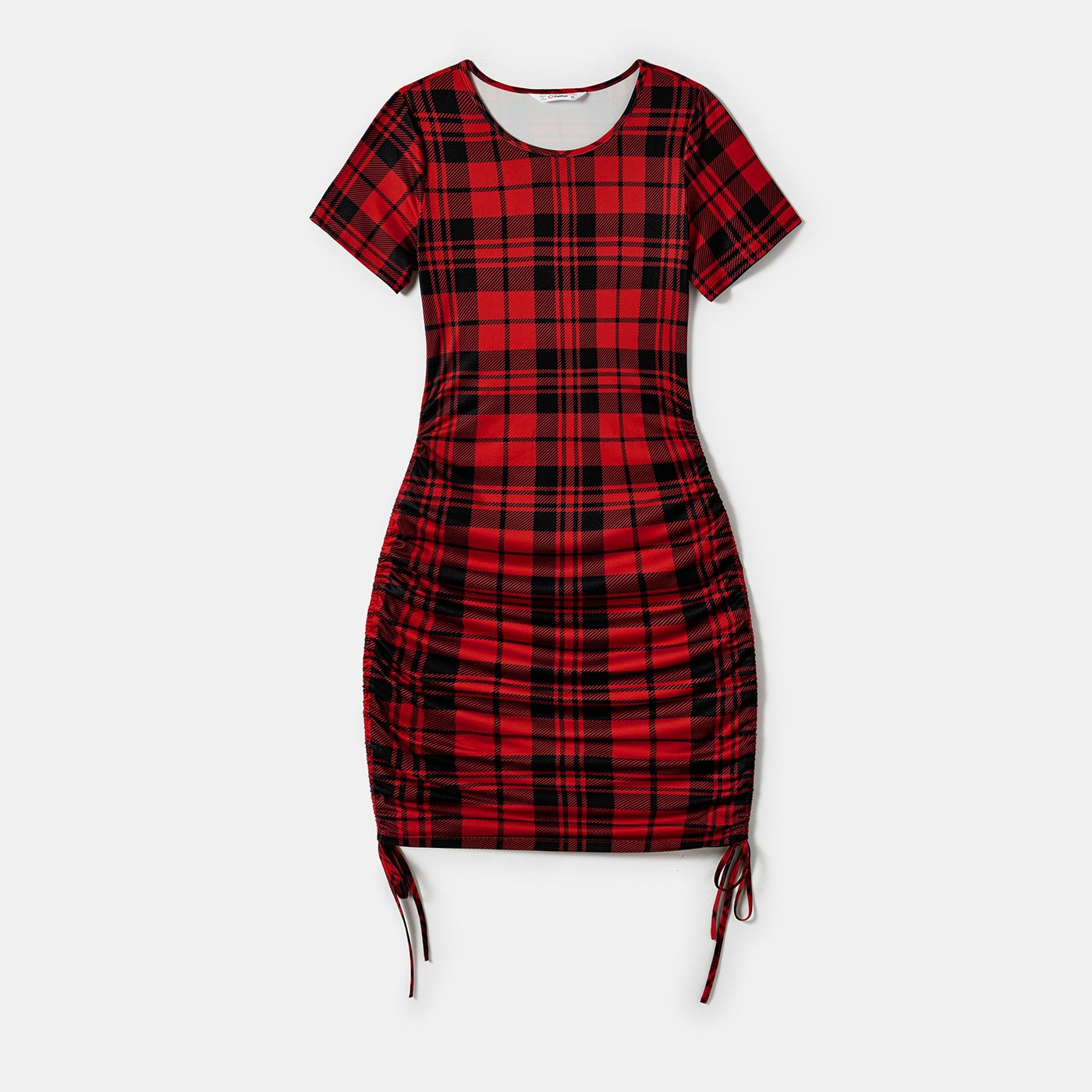 

Christmas Family Matching Short-sleeve Bodycon Drawstring Plaid Dress and Contrast Top Sets (Flame Resistant)