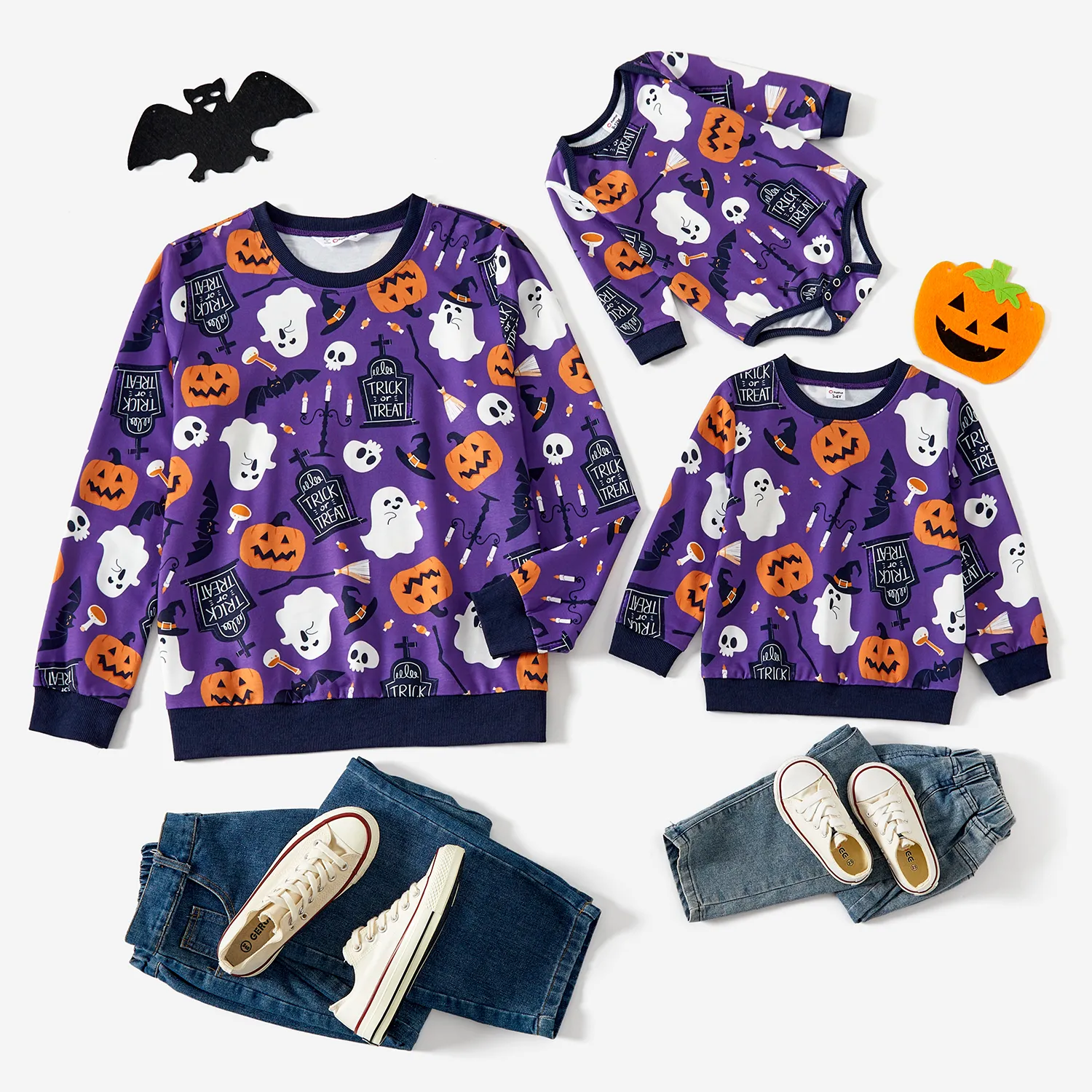 Halloween Family Matching Purple Letter & Ghost Print Tops