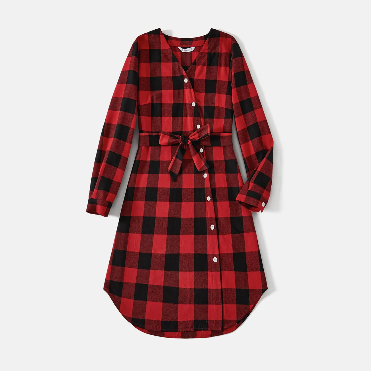 Family Matching Red and Black Plaid Long-sleeve  Shirts and Belted Dresses Sets redblack big image 1