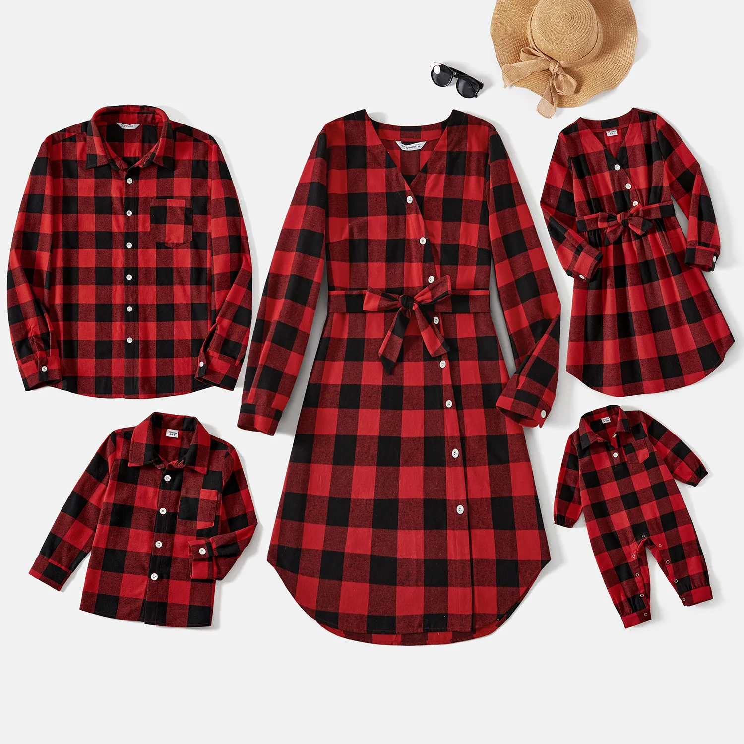 Family Matching Gingham Long-sleeve Dresses and Shirts Sets