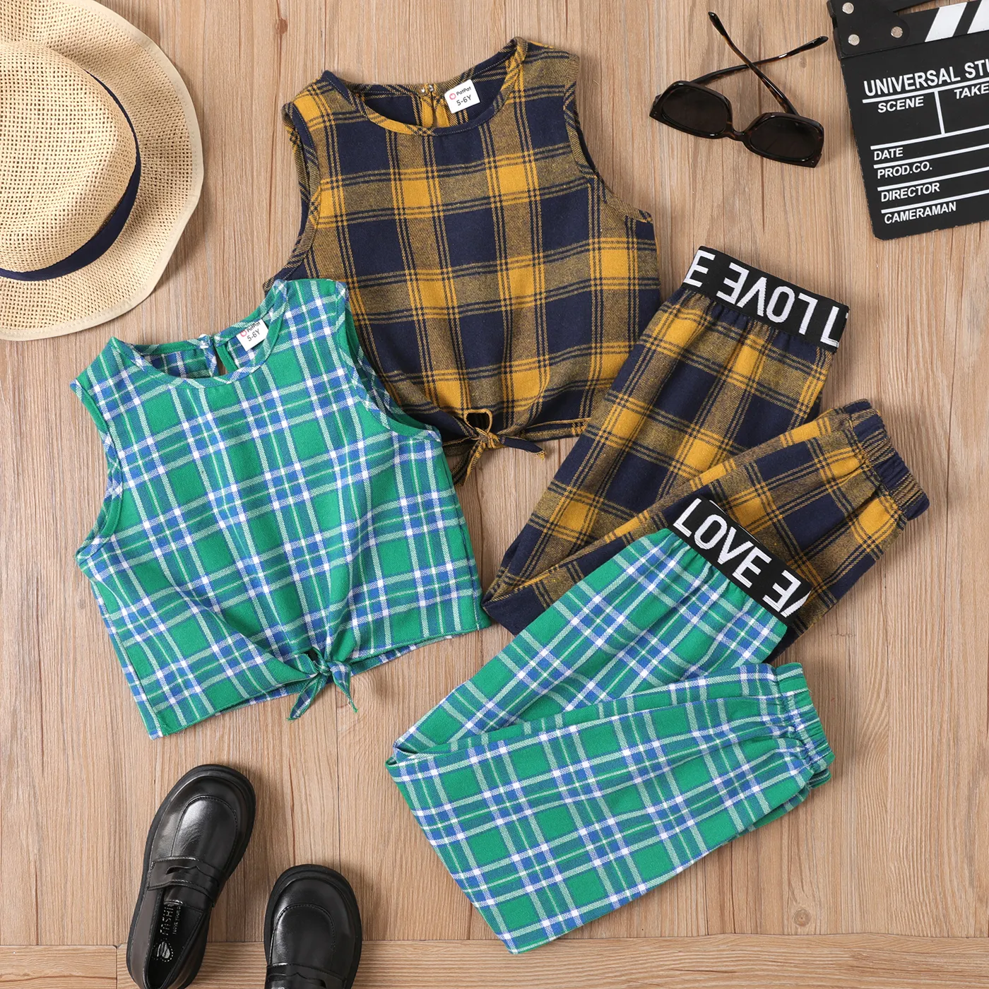 2pcs Kid Girl Knot Hem Plaid Tank Top and Letter Tape Plaid Pants Set   image 2