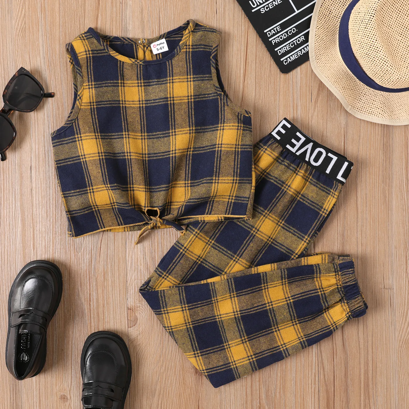 2pcs Kid Girl Knot Hem Plaid Tank Top and Letter Tape Plaid Pants Set  Yellow