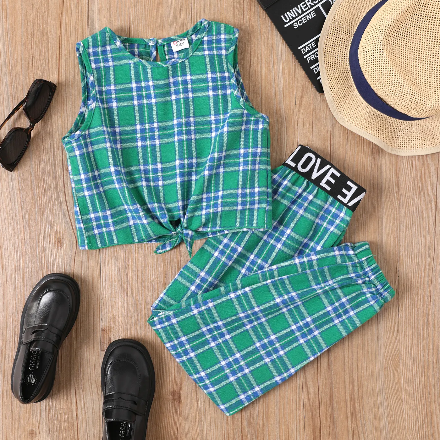 2pcs Kid Girl Knot Hem Plaid Tank Top and Letter Tape Plaid Pants Set   big image 1
