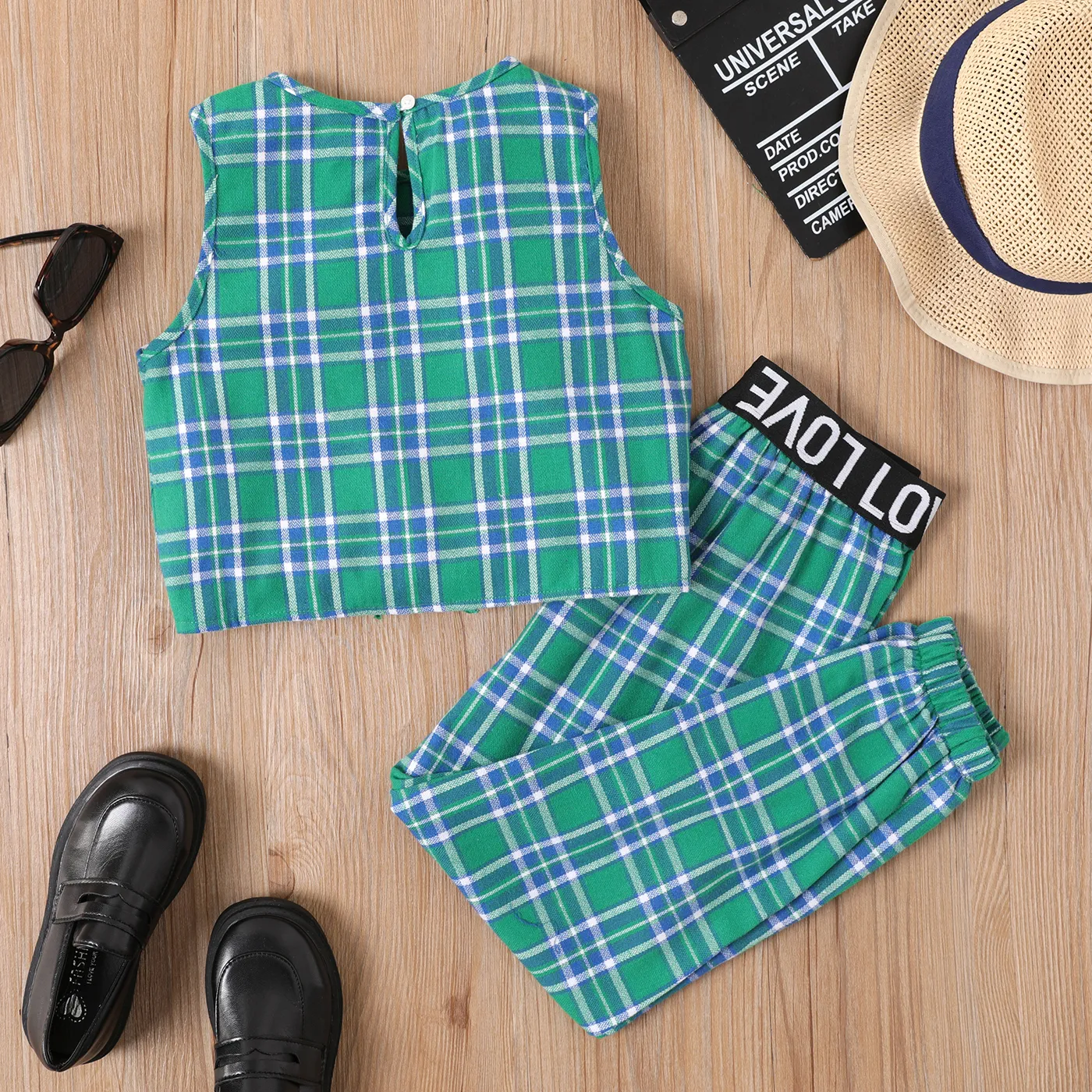 2pcs Kid Girl Knot Hem Plaid Tank Top and Letter Tape Plaid Pants Set   image 6