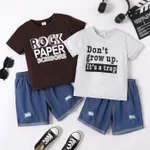 2pcs Kid Boy Letters Print Short-sleeve Tee and Ripped Denim Shorts Set  image 2