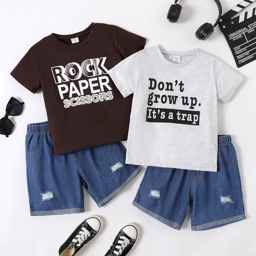 2pcs Kid Boy Letters Print Short-sleeve Tee and Ripped Denim Shorts Set