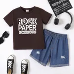 2pcs Kid Boy Letters Print Short-sleeve Tee and Ripped Denim Shorts Set Brown