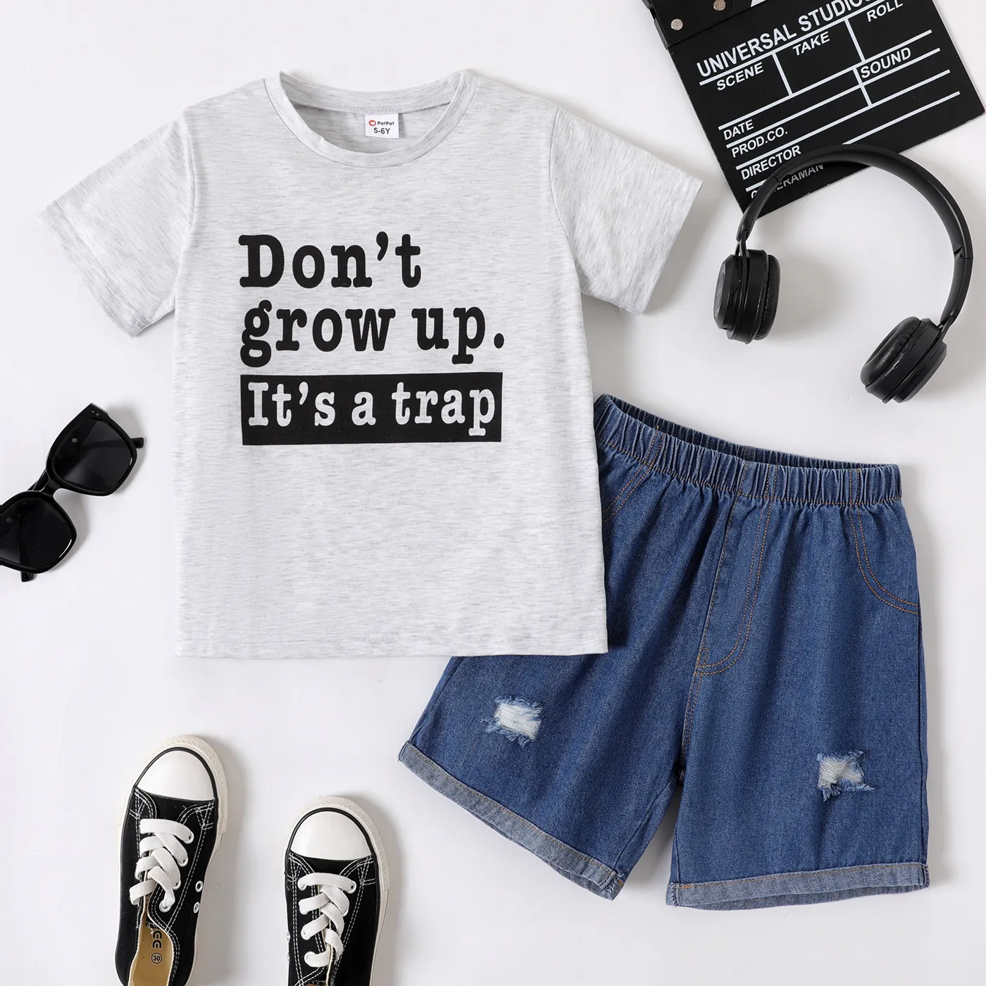 2pcs Kid Boy Letters Print Short-sleeve Tee and Ripped Denim Shorts Set  big image 1