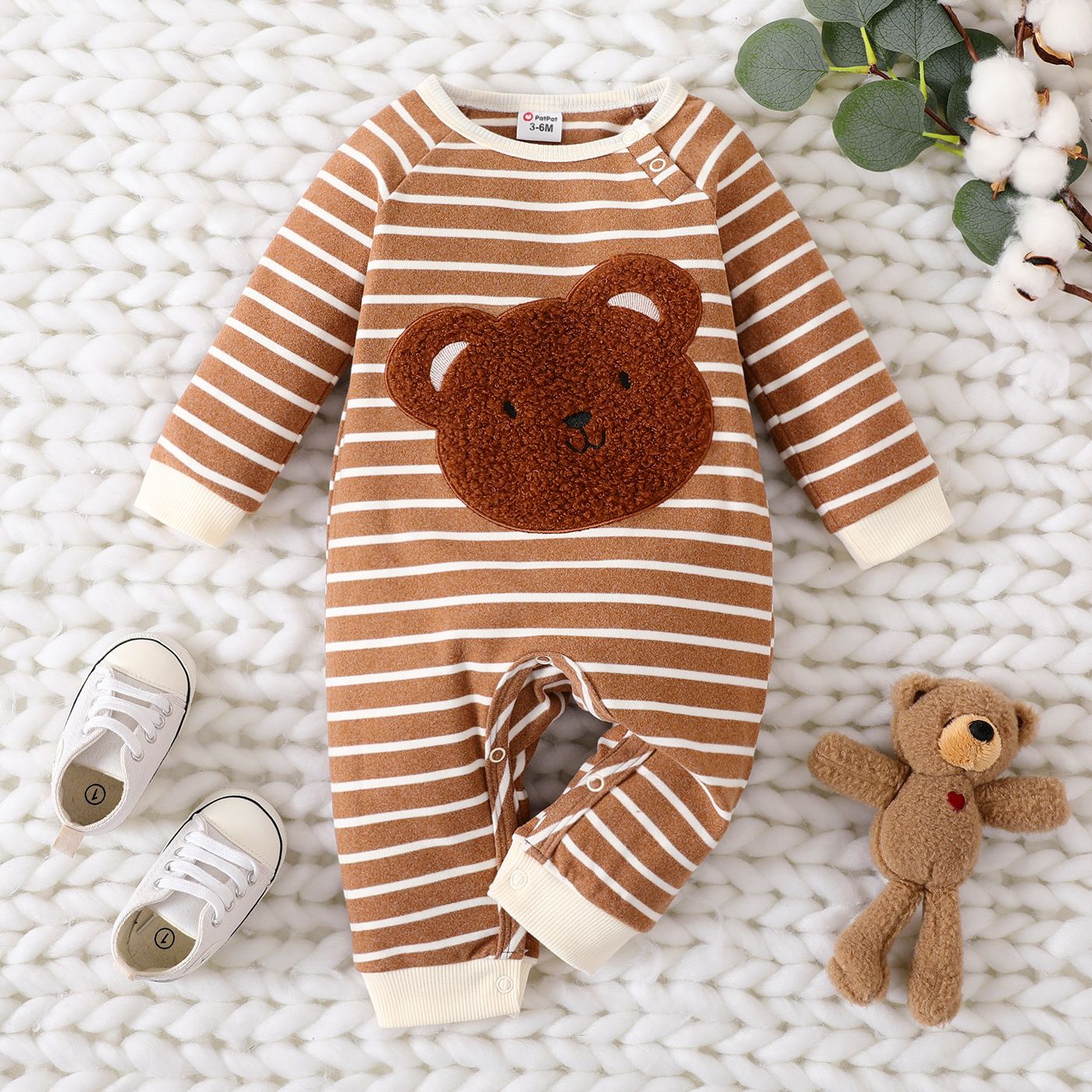 Baby Boy/Girl Stripe Bear Embroidery Long-sleeve Jumpsuit