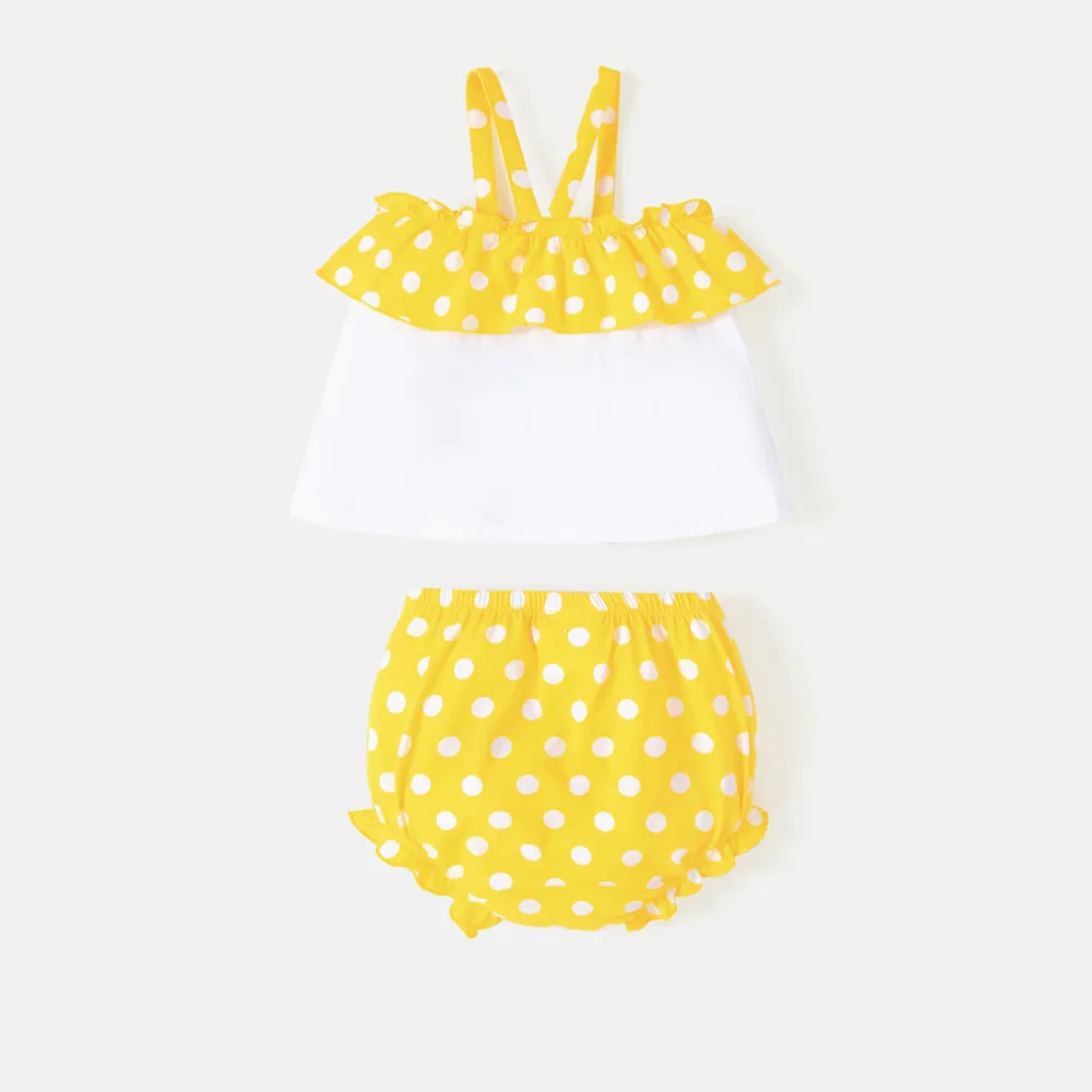 Looney Tunes Baby Girl 2pcs Character Polka Dots Print Cotton Ruffled Cami Top and Shorts Set big image 5