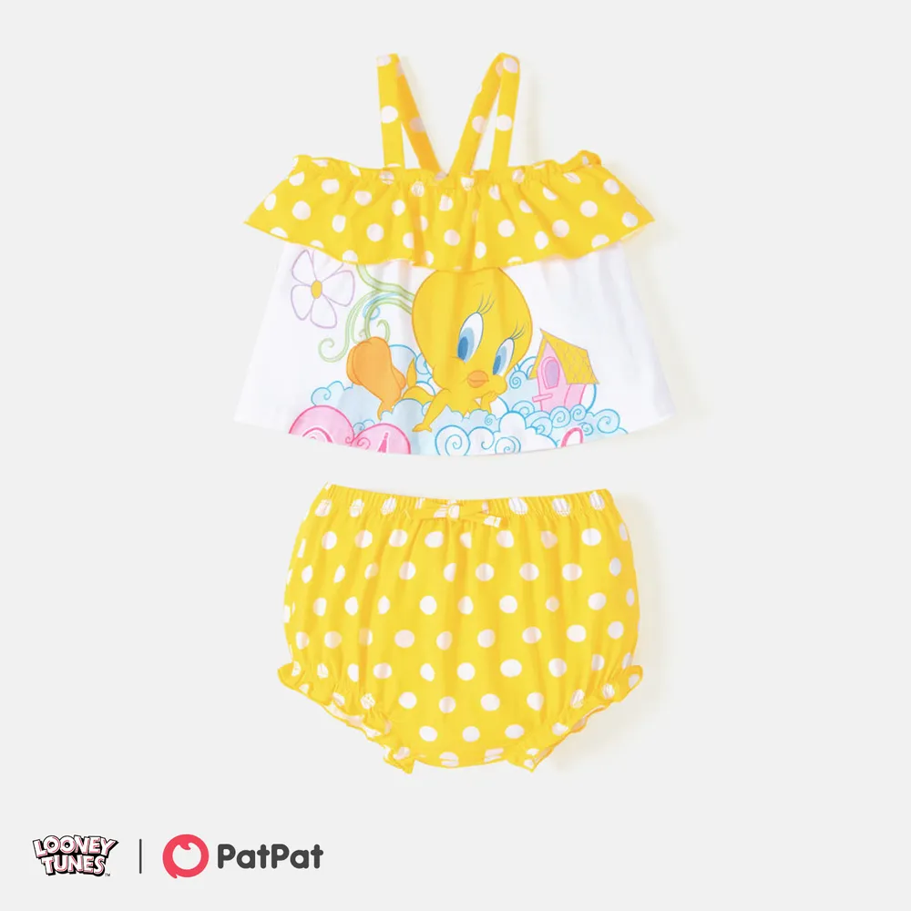 Looney Tunes Baby Girl 2pcs Character Polka Dots Print Cotton Ruffled Cami Top and Shorts Set big image 1
