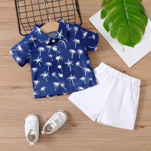 2pcs Baby Boy Allover Palm Tree Print Short-sleeve Shirt and 100% Cotton Shorts Set 