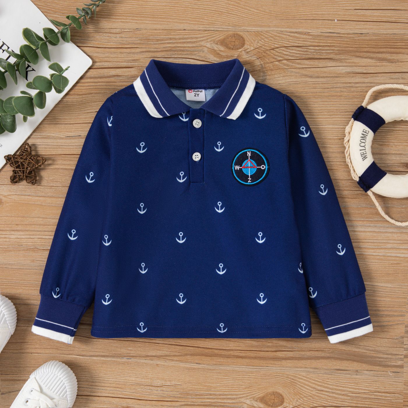 Toddler Boy Anchor Pattern Polo Manches Longues Neck Tee