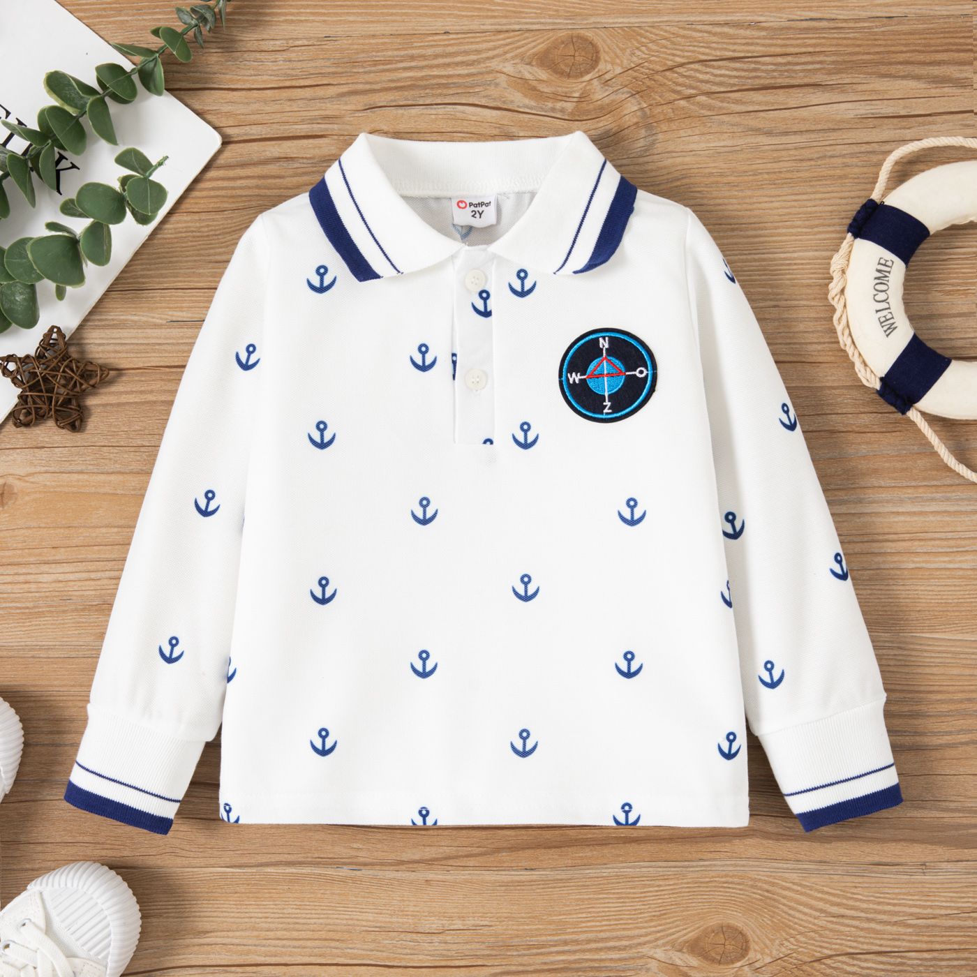 Toddler Boy Anchor Pattern Polo Manches Longues Neck Tee