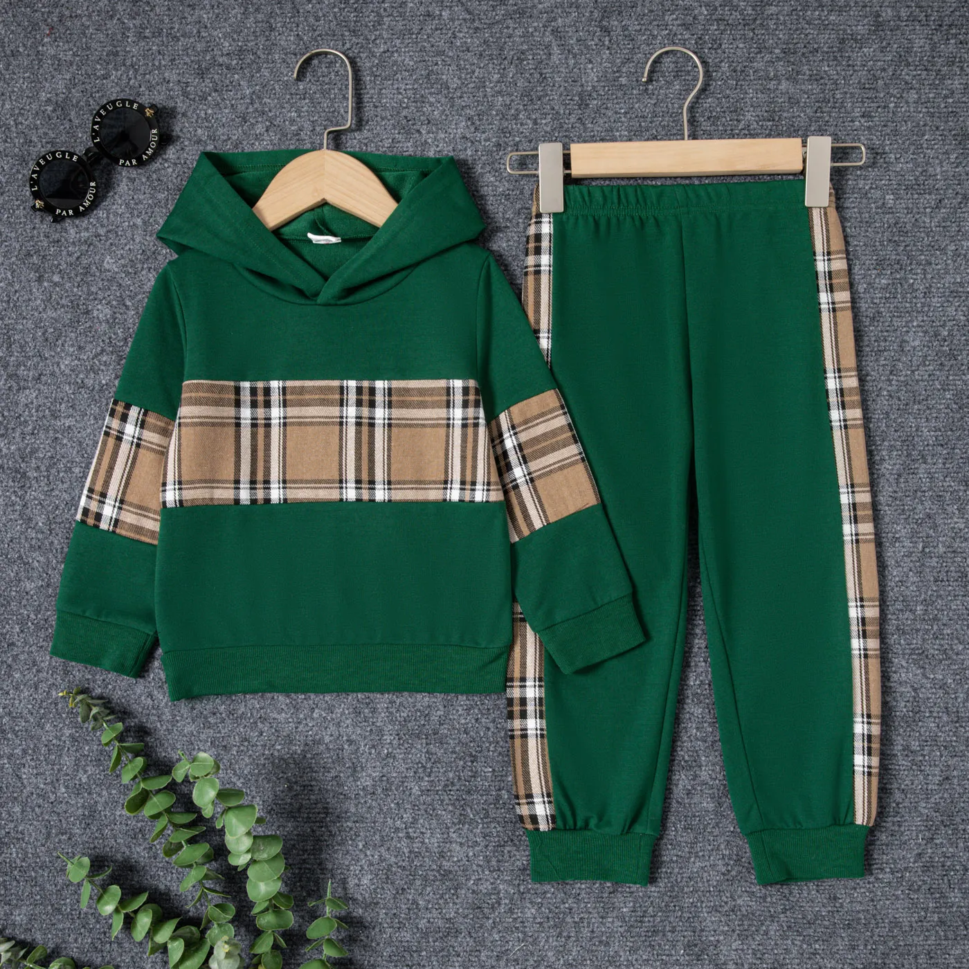 2pcs Toddler Boy Plaid Long-sleeve Hoodie and Pants Set