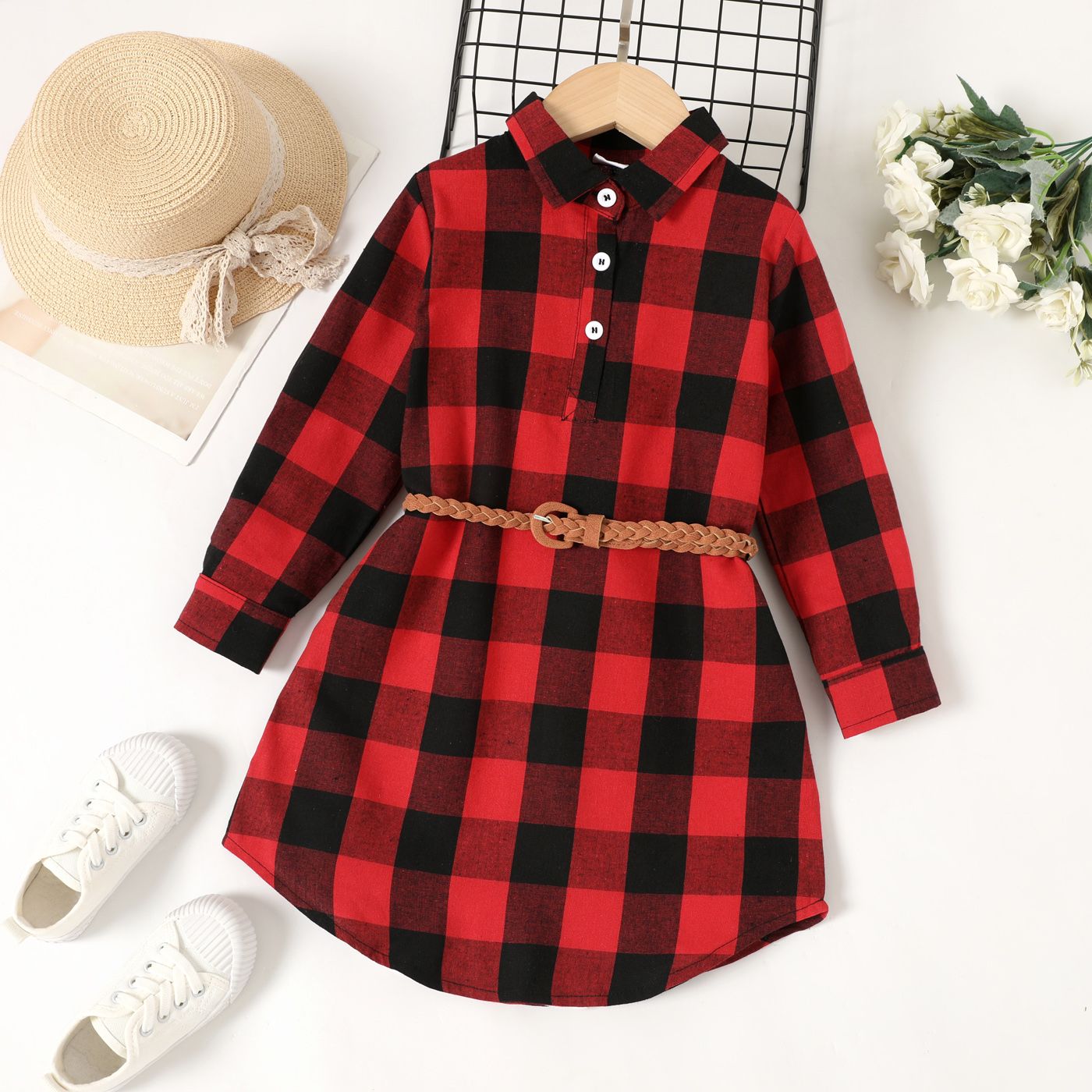 

Toddler Girl Buttons Plaid Belted Lapel Collar Long-sleeve Dress