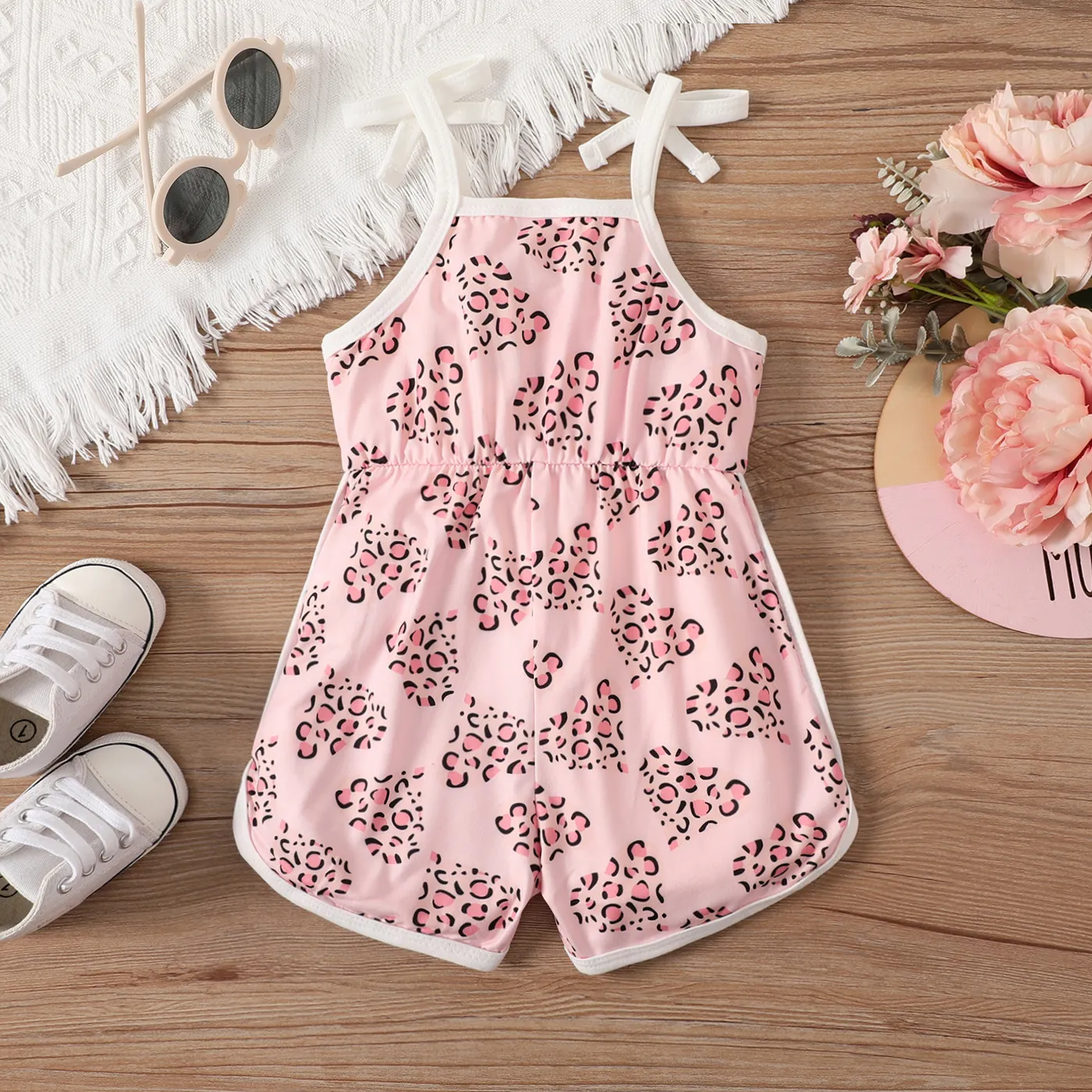 Baby Girl Leopard Heart Print Cami Romper Shorts Pink image 2