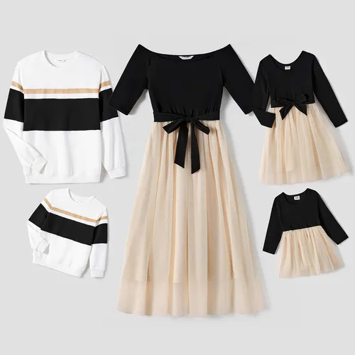 Family Matching Black-Almond Mesh Skirt and Classic Round Neck Long Sleeve Tops Sets