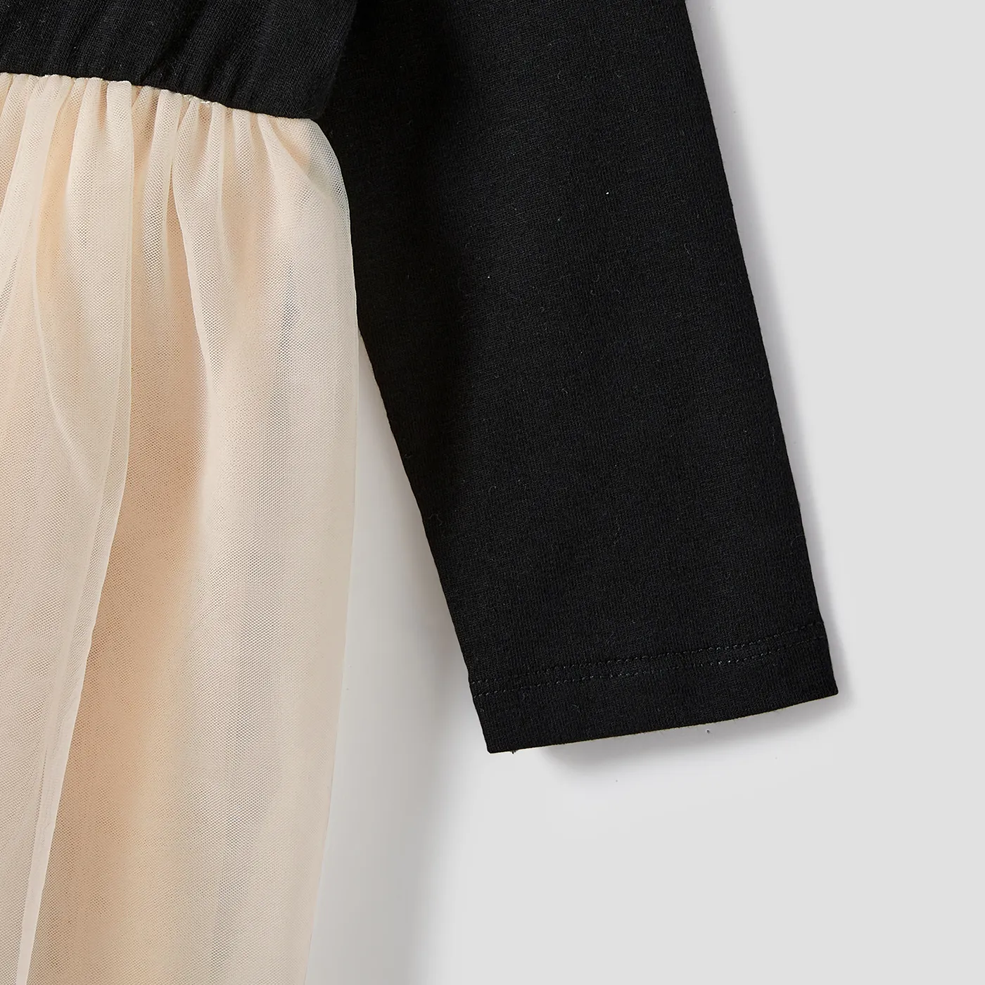 Family Matching Black-Almond Mesh Skirt and Classic Round Neck Long Sleeve Tops Sets Black image 3