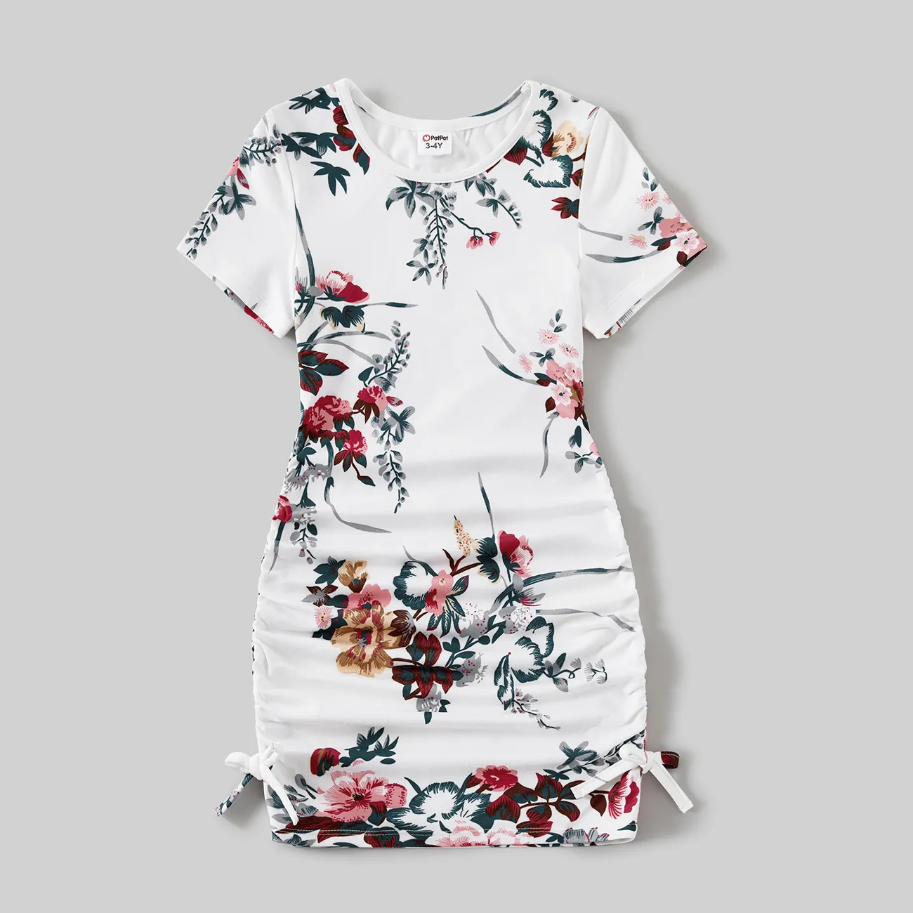 Family Matching All Over Floral Print Short-sleeve Drawstring Ruched Bodycon Dresses and Colorblock Short-sleeve T-shirts Sets White big image 1