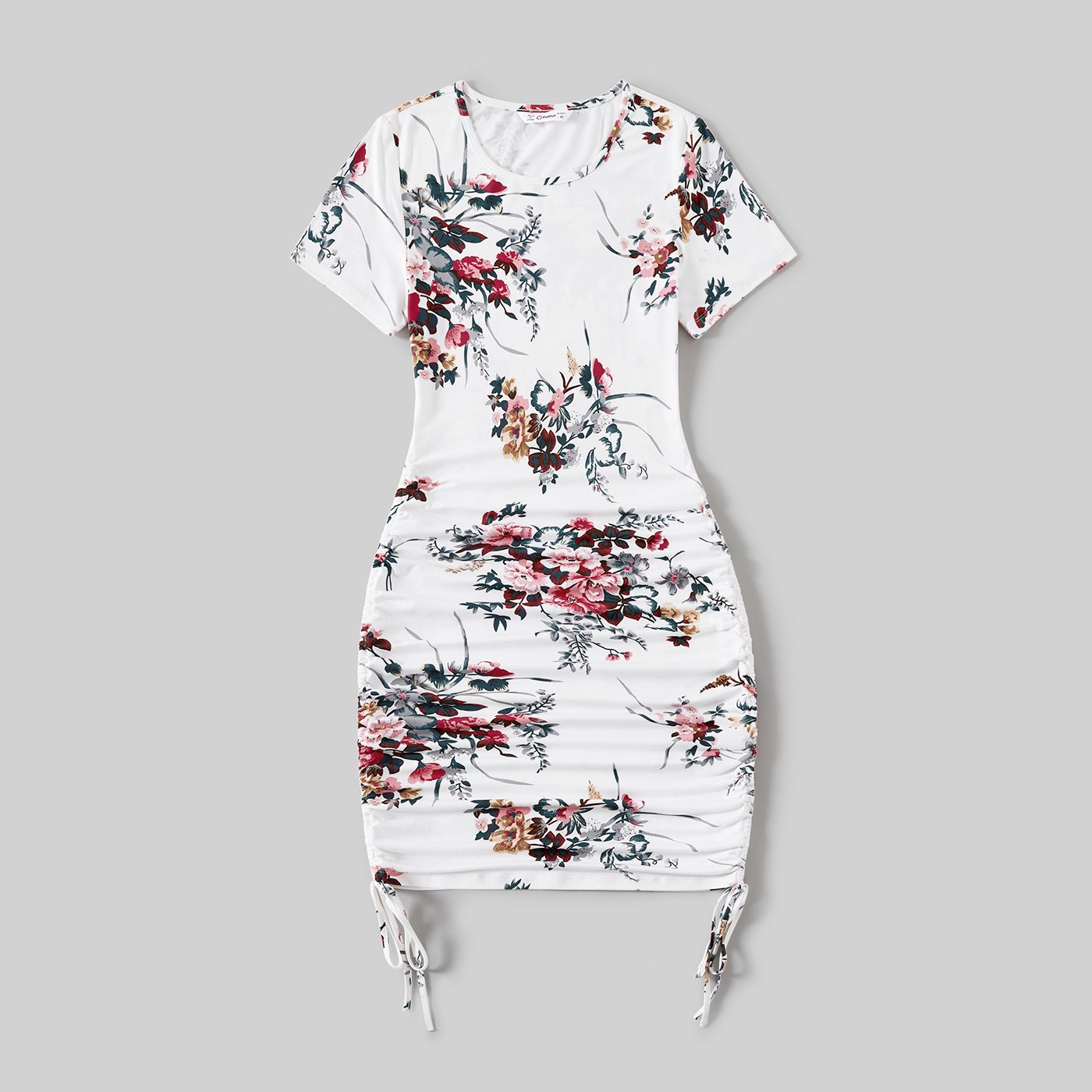 Family Matching All Over Floral Print Short-sleeve Drawstring Ruched Bodycon Dresses And Colorblock Short-sleeve T-shirts Sets