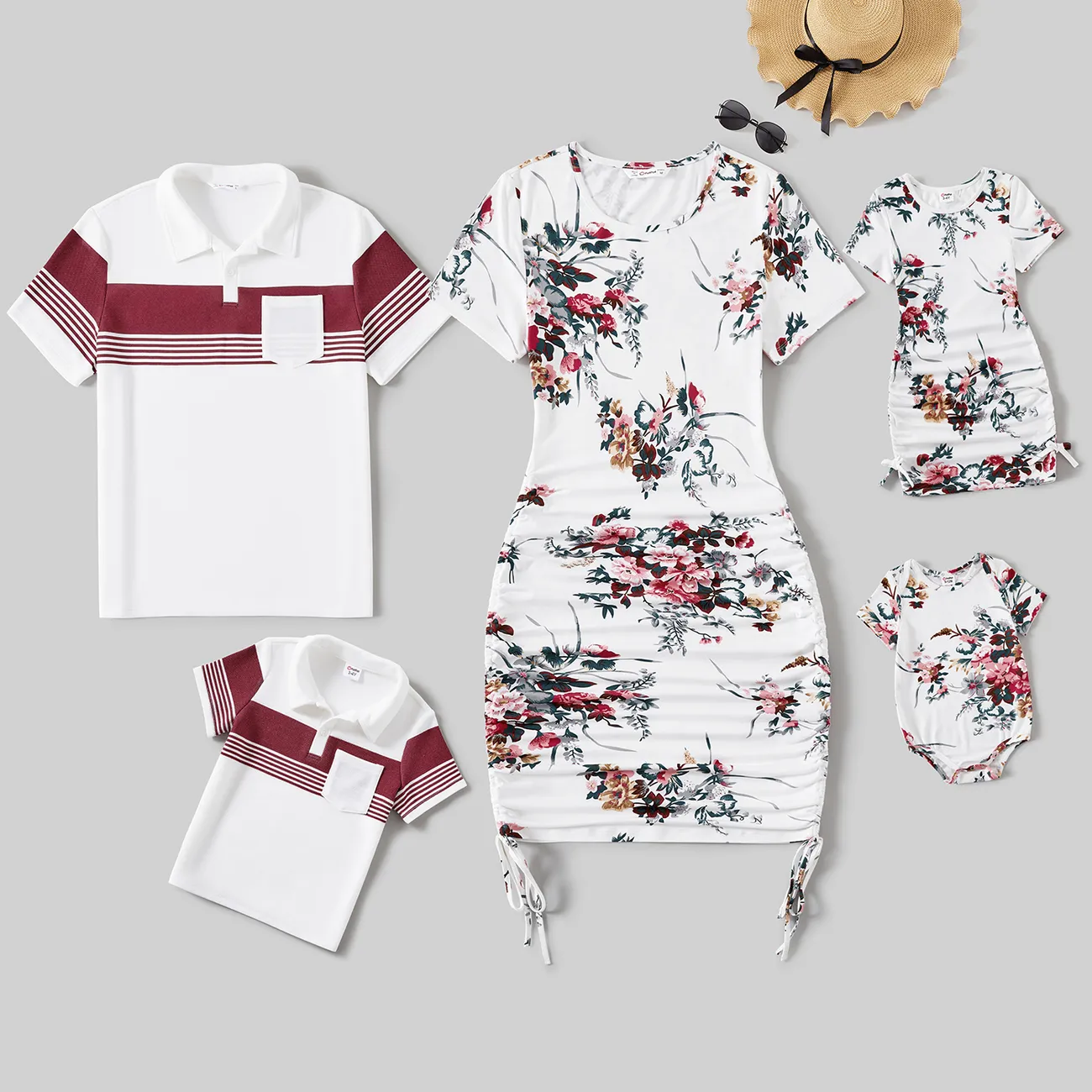Family Matching All Over Floral Print Short-sleeve Drawstring Ruched Bodycon Dresses and Colorblock Short-sleeve T-shirts Sets White big image 1