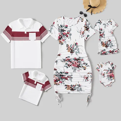 Family Matching All Over Floral Print Short-sleeve Drawstring Ruched Bodycon Dresses and Colorblock Short-sleeve T-shirts Sets