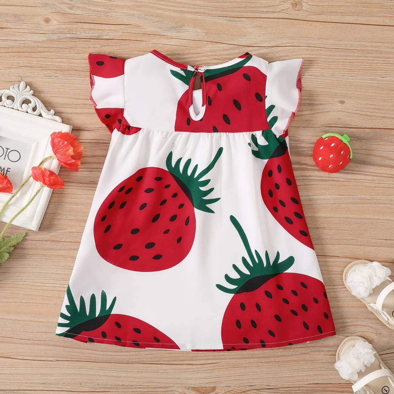 Baby Rüschenrand Erdbeere Süß Ärmellos Kleider weiß big image 1